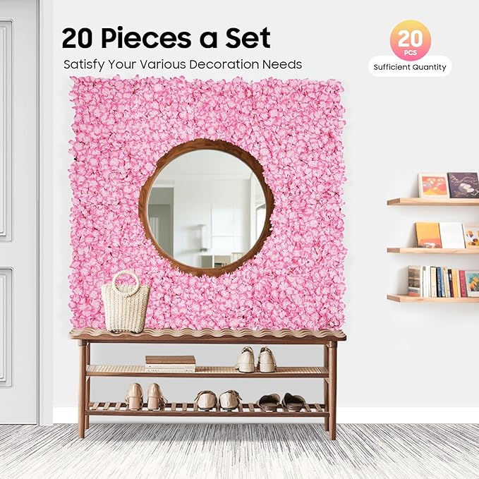 3D Flower Wall Panel, 20pcs Pink Artificial Floral Wall Backdrop, Realistic Silk Flower Backplanes, Roll Up Fake Flower Background for Valentines Wedding Party Photo Arrangement Decor