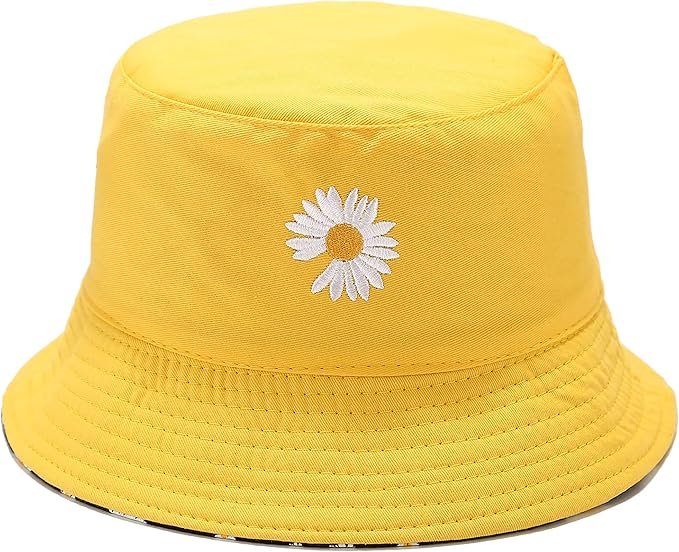 Flower Reversible Bucket Hat Cotton Summer Travel Beach Sun Hats Emboridery for Women Men
