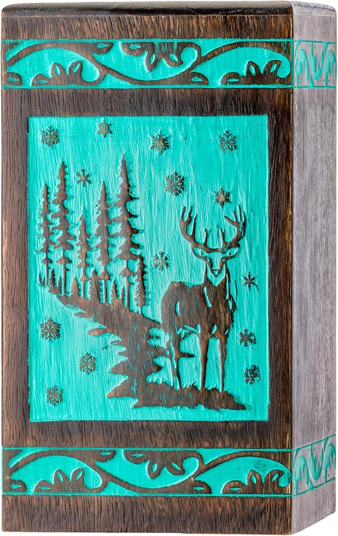 INTAJ Handcarved Rosewood Teal Green Deer Urn for Human Ashes Adult Male Female - 250 lbs Forest Wooden Cremation Urn Box Suitable for Burial Funeral Decorative Wildlife Memorial Casket