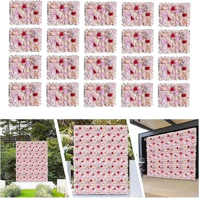 20 Pack Flowers Wall Panels Artificial Floral Wall Mat Handmade 3D Silk Rose Hydrangea Dahlia Floral Panels for Photo Background Home Party Wedding Backdrop Decoration, 24 x 16 inch (E)