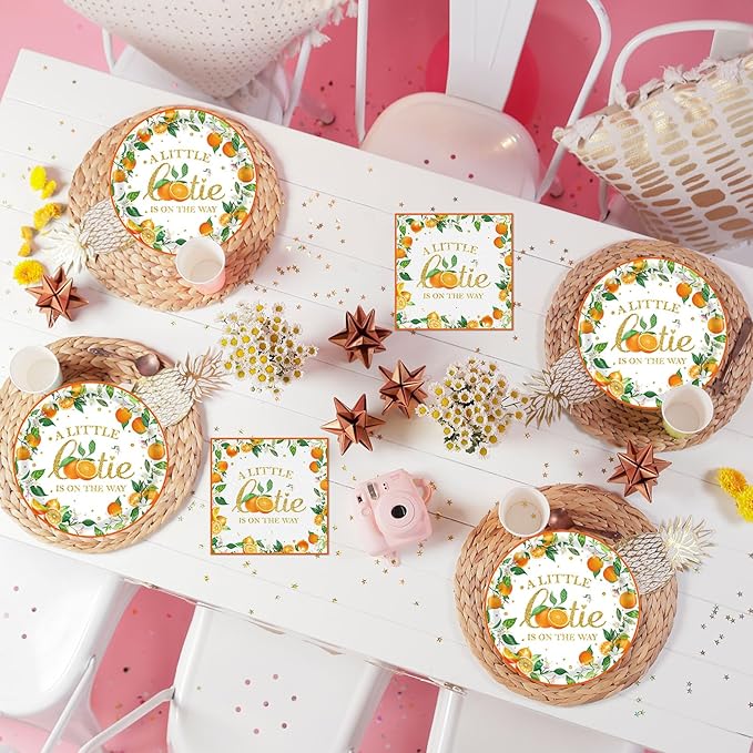 40 Pcs Little Cutie Baby Shower Plates and Napkins Party Supplies, Orange Cutie Birthday Party Decorations Disposable Paper Plates and Napkins A Little Cutie is on The Way Tableware Set Serves 20