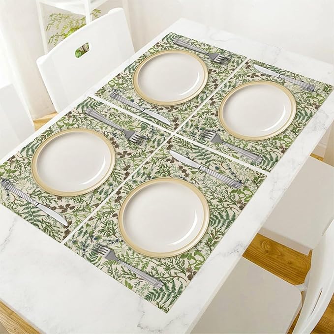 Retro Botanical Placemats Set of 4, 17x12 Inch Rustic Farmhouse Green Leaves Vintage Plants Aesthetic Table Mats for Home Party Kitchen Dining Decor