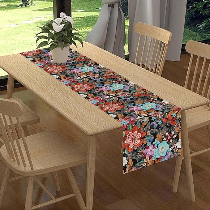 Floral Table Runner, Vintage Colorful Flower Bohemian Floral Print Table Center Decor for Family Kitchen Table Decorations Indoor Outdoor 13x36 inch