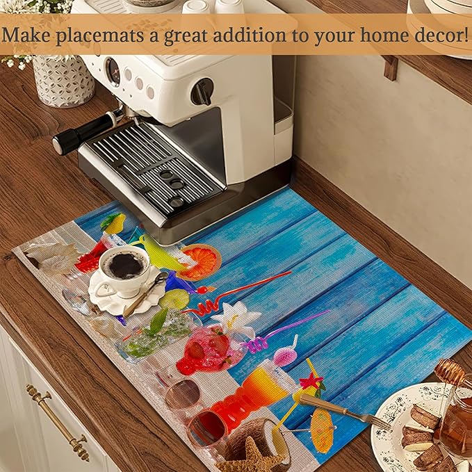 Colorful Tropical Cocktails at Beach on Blue Wood Placemats Set of 6 Place Mats for Kitchen Table Washable Farmhouse Linen Table Mats Dining Decoration 12x18 Inch
