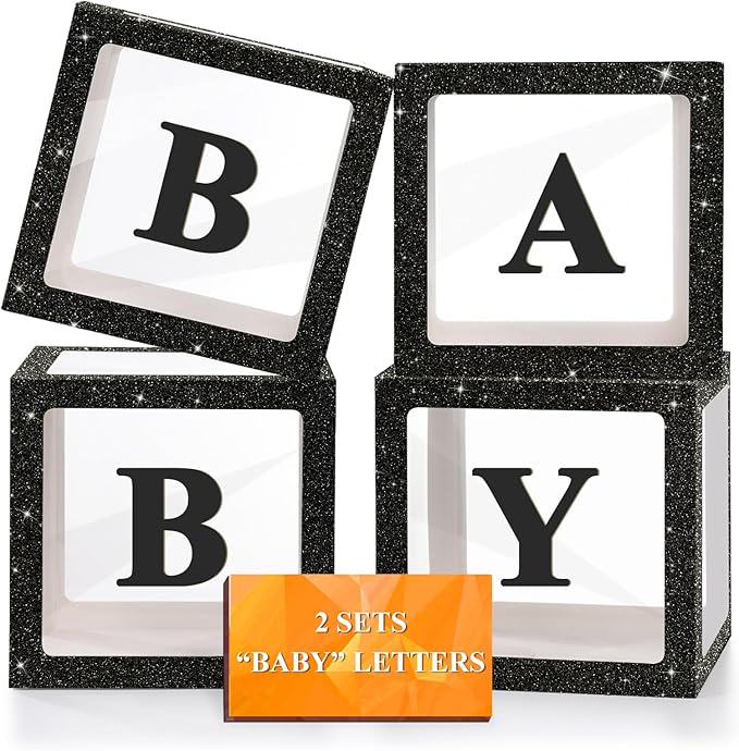 Ledido Baby Boxes with Letters for Baby Shower Decorations, 4 pcs Clear Baby Balloon Boxes for Baby Shower Decor with Letters for Boy Girl Gender Reveal Decorations Backdrop Party (Black Glitter)