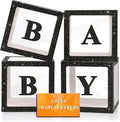 Ledido Baby Boxes with Letters for Baby Shower Decorations, 4 pcs Clear Baby Balloon Boxes for Baby Shower Decor with Letters for Boy Girl Gender Reveal Decorations Backdrop Party (Black Glitter)