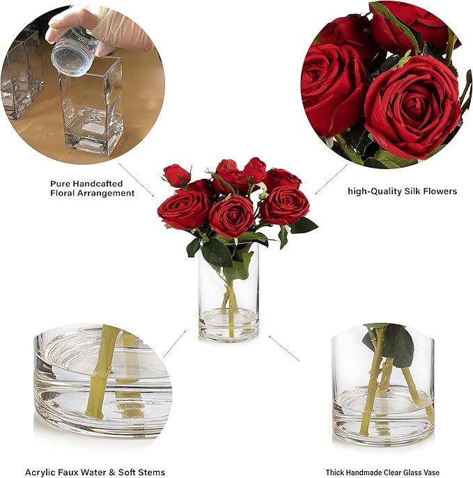 ENOVA FLORAL 9 Heads Silk Rose Artificial Flowers in Vase,Faux Rose Flowers Arrangement in Vase with Faux Water for Table Decor Centerpieces (Red)