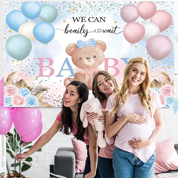 7x5ft Teddy Bear Gender Reveal Party Decorations, We Can Bearly Wait Baby Shower Backdrop, Blue Pink Balloon Floral Banner for Boy or Girl Baby Shower Photography Background