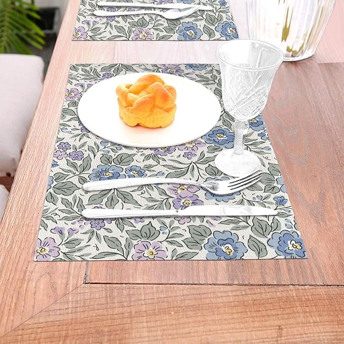 Placemats Set of 4 PVC Woven Place Mats Heat Resistant Easy to Clean for Indoor Outdoor Party Kitchen Dining Table Decoration 12"x18",Floral Pattern