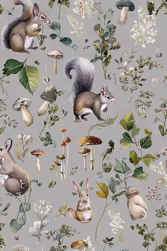Whimsical Peel and Stick Floral Animal Wallpaper Squirrel Rabbit Removable Botanical Leaf 17.7" x 236.22" Wall Paper Watercolor Self Adhesive Contact Paper for Classroom Bedroom laundry room bathroom
