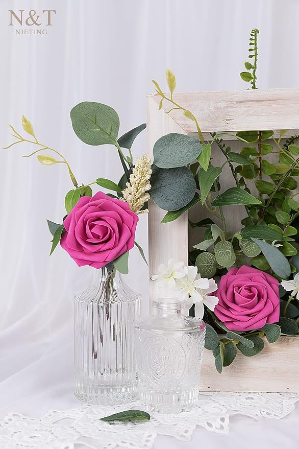 N&T NIETING Artificial Flowers, Hot Pink Artificial Roses, 50pcs Fake Flowers with Stem for DIY Wedding Bouquets Centerpieces Bridal Baby Shower Party Home Arrangement Decoration