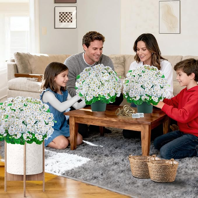 Artificial Handmade Geraniums With Flowers Scent Pots White Pink Purple Lavender Lifelike Faux Geraniums Bushes Fake Flowers for Wedding Party Home Office Indoor outdoor Plants Decor (White)