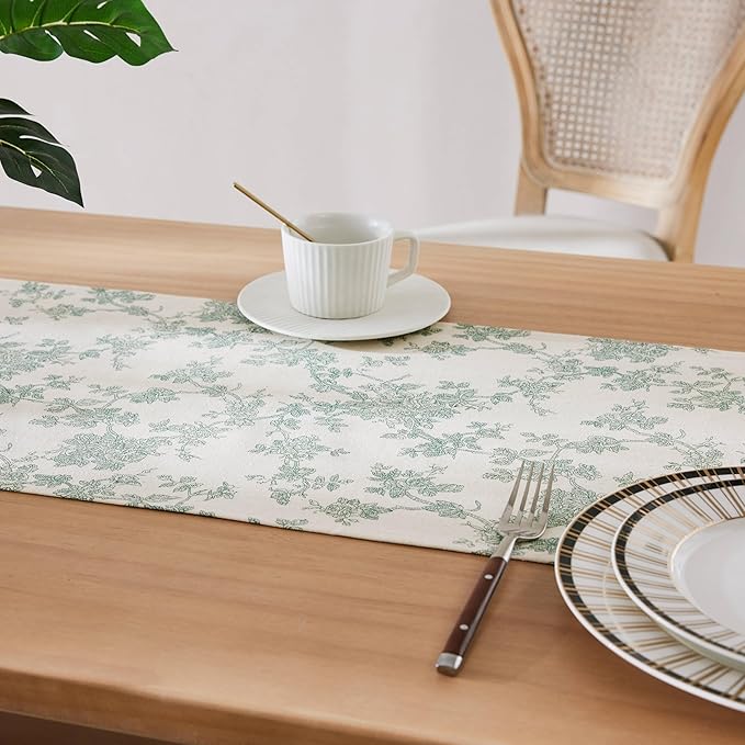 100% Cotton French Pastoral Table Runners, 13x72 Inch Vintage Green Farmhouse Table Runners 72 Inches Long, Vintage Flowers Print Home Decors