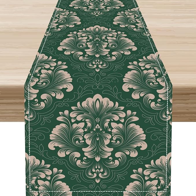 Vintage Damask Table Runner, Green Classical Luxury Old Fashioned Damask Royal Victorian Floral Print Table Center Decor for Family Kitchen Table Decorations Indoor Outdoor 13x108 inch