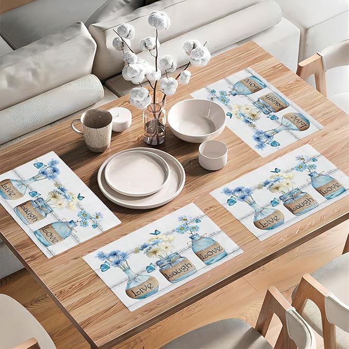 Daisy Flower Placemats Set of 6 Farmhouse Blue White Daisy Floral Table Mats Washable Place mats for Home Party Indoor Kitchen Dining Table Decoration 12x18 Inch
