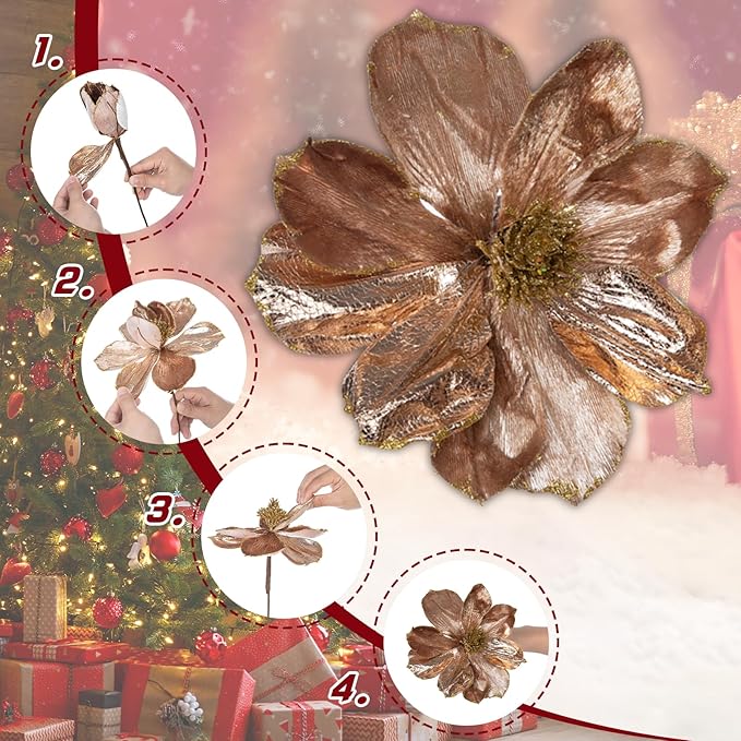 3 Pcs Artificial Flowers 10'' Christmas Decorations Festive Home Decor Elegant Holiday Floral Arrangements Perfect for Christmas Tree Table Centerpieces and Winter Weddings(Bronze)