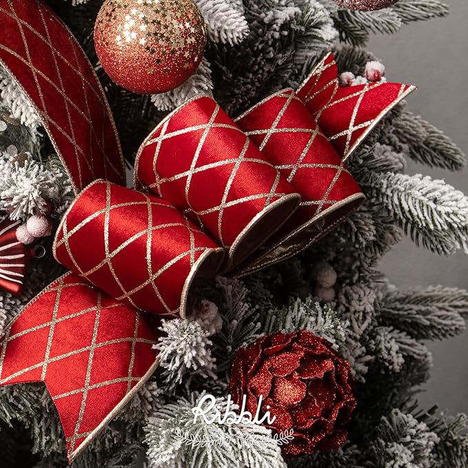 Ribbli Red Velvet Ribbon Wired with Glitter Diamond Grid 4 Inch Christmas Ribbon for Christmas Tree Decoration Big Bow Gift Wrapping Crafts Wreaths Garland Supplies - 10 Yards