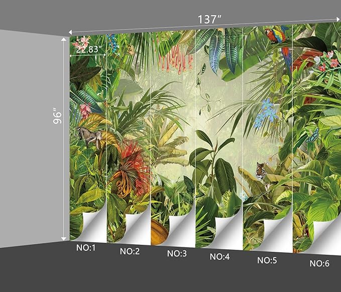 Tropical Botanical Animal Floral Bird Wallpaper Woodland Forest Tree Nursery Kids Bedroom Plant murals Living Room tv Background Large Wall Mural - 137"x96" Not Peel and Stick