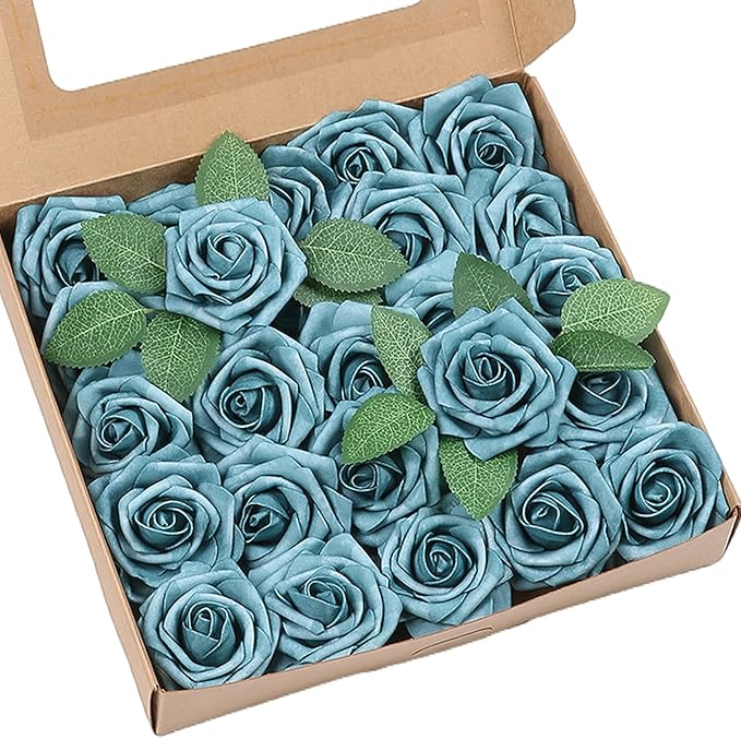 Meldel Artificial Flowers 25pcs Real Looking Dark Teal Foam Fake Roses with Stems for DIY Wedding Bouquets Bridal Shower Centerpieces Floral Arrangements Home Decorations Crafts Rose