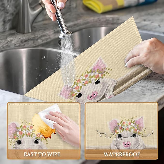 Placemats Set of 6, Cute Little Pig with Floral Wreath Linen Place Mats,Modern Washable Table Placemats 12"x18" Heat Resistant Table Mats for Dining Kitchen Party Holiday Decoration
