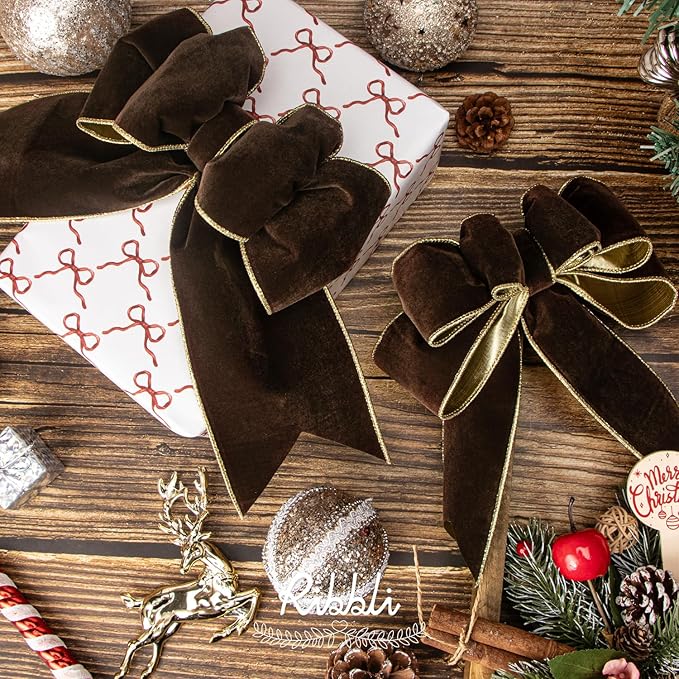 Ribbli Brown Velvet Wired Ribbon 2.5 Inch Luxury Matte Velvet Christmas Ribbon for Gift Wrapping Christmas Tree Decoration Crafts Wreaths Supplies - 10 Yards