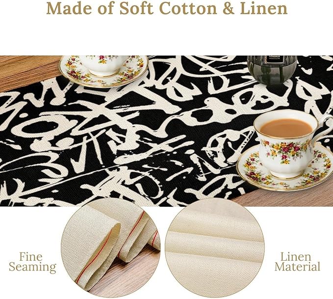 Graffiti Table Runner,Black White Abstract Messy Art Theme Pattern Print Tablecloth Burlap for Hotel Indoors Outdoor Dining Room Kitchen Home Decor,W13X L108 in
