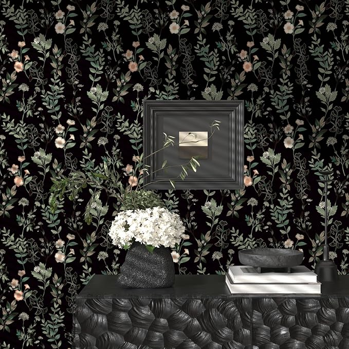 Black Green Leaf Wallpaper Peel and Stick Vintage Taupe Green Floarl Contact Paper 17.4" X 118" Moody Wallpaper Waterproof Self-Adhesive Wall Covering for Bedroom Countertop Desk Cabinets Decor