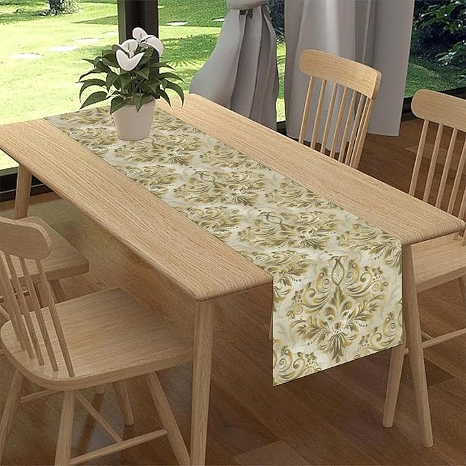Damask Table Runner, Vintage Traditional Farmhouse Boho Floral Linen Coffee Table Center Decor for Family Kitchen Farmhouse Holiday Party Table Decorations Indoor Outdoor 13x90 inch