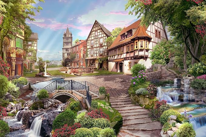 Flowery Waterfall and Beautiful Street Scene in The Sunshine Wall Mural for Living Room, Bedroom, Bathroom Backdrop Decoration（Non-self-Adhesive）