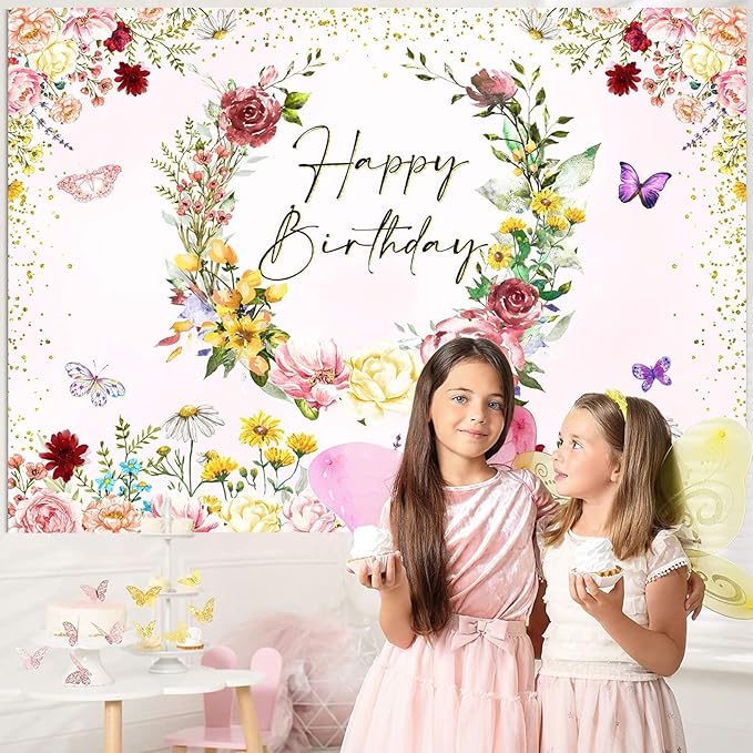 InMemory Spring Wildflower Backdrop Wild Flower Birthday Decorations for Girl,Watercolor Butterfly Floral Happy Birthday Banner Background Wildflowers 1st Bday Party Supplies Photo Booth Props 10x7ft