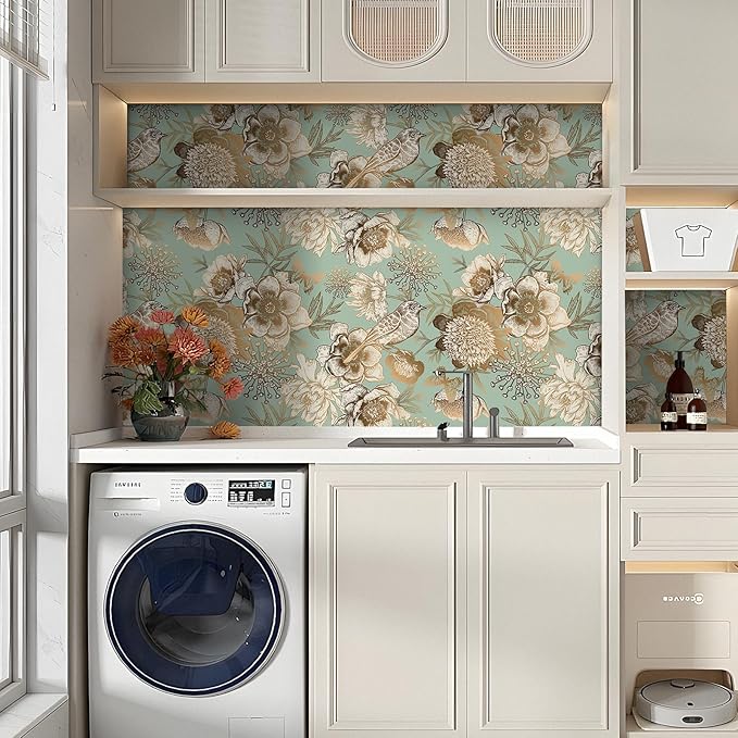 Decotalk Green Floral Wallpaper Floral Peel and Stick Vintage Flowers Wall Paper for Bedroom Bathroom 17.5"x120" Green/Gold Wall Paper Florals Flower Bird Wallpaper Removable Flower Cover Vinyl