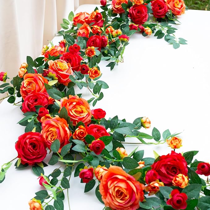 6FT Bendable Flower Garland, Artificial Rose Vine Hanging Floral Garland Decoration for Weding Home Room Wall Decor (Orange, 2pcs)