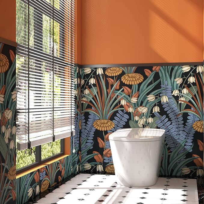 Boho Floral Peel and Stick Wallpaper Tropical Leaf Contact Paper,Vintage Botanical Flower Wall Paper, Self Adhesive Wall Mural 17.5" x 393" for Bedroom Cabinet Countertop Decor (Black, Orange, Blue)
