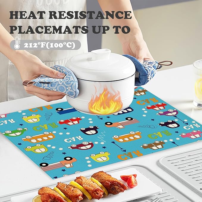 Placemats Set of 4 Retro Truck Bus and Car Place Mats Washable Table Dinner Mats Linen Table Mats for Kitchen Dining Party Home Kitchen Decor 12x18 Inch