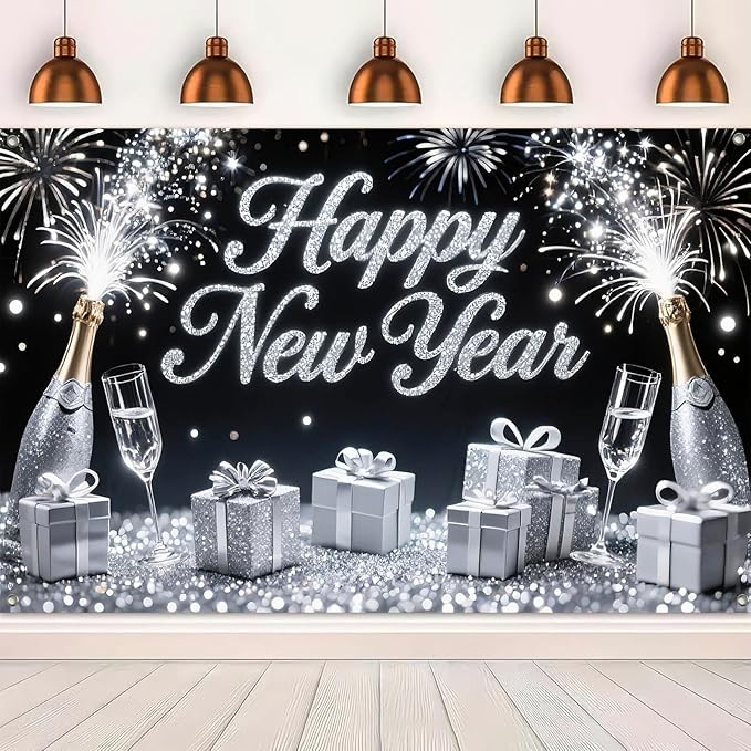 Happy New Year Banner 71x43 Inch Silver Champagne Party Wall Decoration Fireworks Photo Backdrop for Indoor Countdown Celebration Holiday Event and Home Background Display