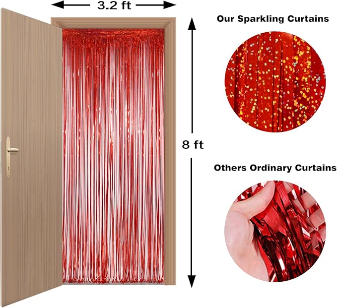 Melsan Red Tinsel Foil Fringe Curtains Backdrop, 3.2 ft x 8 ft Sparkle Tinsel Backdrop Streamers for Christmas Valentines Patriotic Birthday Party Decorations, 2 Packs
