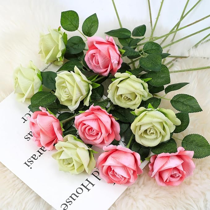 Hawesome Fake Roses Artificial Silk Flowers - 12 Pcs Green Roses Artificial Faux Flowers with Stems for Home Wedding Centerpiece Hotel Office Decor