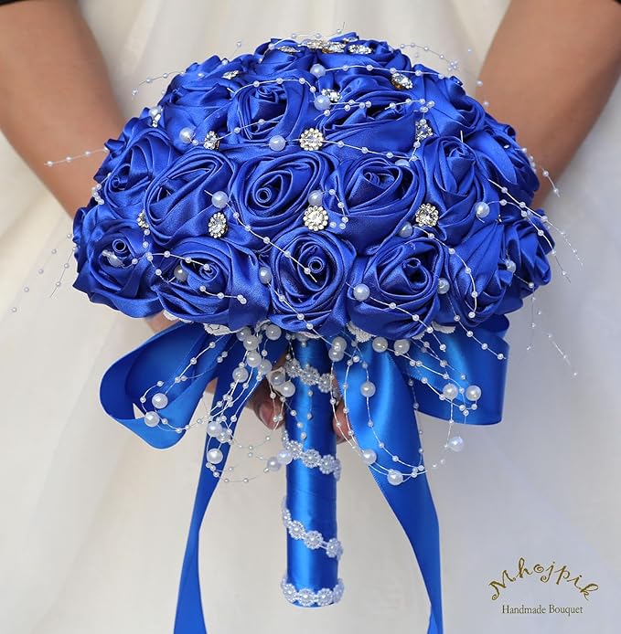 Bridal Wedding Bouquet Round Bling Brooch Bouquet Throw Toss Artificial Rose Flower Bunch for Bride Bridesmaid Wedding Quinceanera(Royal Blue, 8.7")
