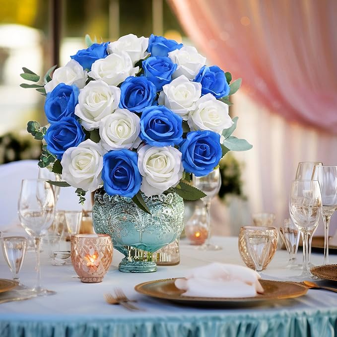 20PCS Artificial Roses with Long Stems - Realistic Silk Flowers, Fake Roses Real Touch Bouquet Roses for Home Decor, Bridal Wedding Table Centerpieces, Faux Rose Flowers (White&Royal Blue)