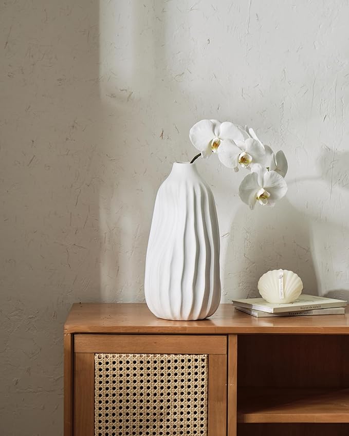 Ceramic Rustic Vase for Decor - 8.4Inch Farmhouse Vases - Decorative Vase for Home Decor, Living Room, Table, Boho - Shell White