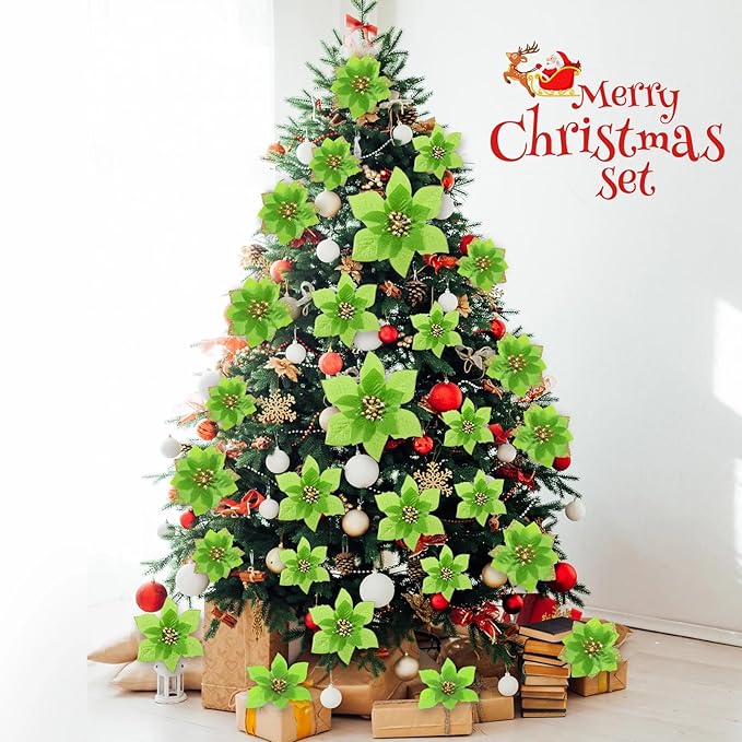 WILLBOND 24 Pcs 3 Size Poinsettia Flower Artificial Christmas Decor Glitter Poinsettia Christmas Ornaments Faux Flowers for Xmas Tree Outdoor(3.2/4/6 Inches,Green)