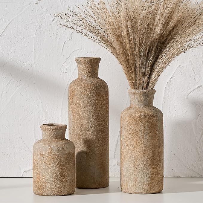 LUKA Ceramic Rustic Farmhouse Vase Set of 3,Terracotta Vases for Decor,Antique Vase for Your Bedroom,Office,Living Room,Fireplace,Bookshelf Decor,Housewarming (10+7.5+5 Inch)