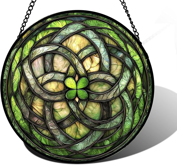Stained Glass Window Hanging, Abstract Green Clover Sun Catchers Colorful Glass Panel Bless Suncatcher Decor for Birthday for Women, Men, Wife, Aunt, and Mom 7.8 in