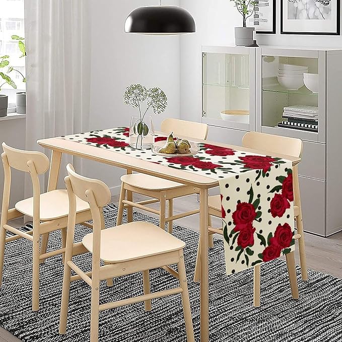 Red Rose Print Table Runner, Romantic Valentines Vintage Rose Spring Summer Dinner Runner Table Decoration for Home Kitchen Dining Holiday Wedding Party 13x36in