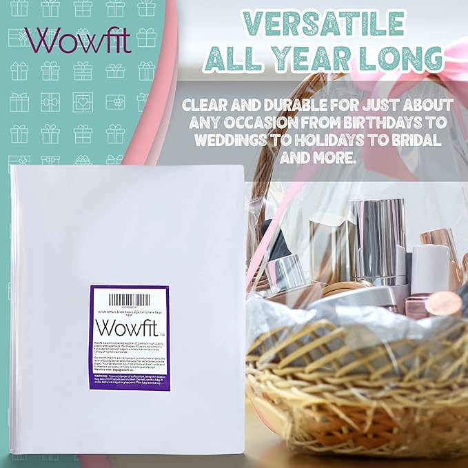 Wowfit Cello Bags,10 CT 24x30 inches Clear Cellophane Bags Perfect for Gift Baskets, Presents, Weddings, Bridal/Baby Showers and More (Flat, No Gusset, Ribbon Not included)