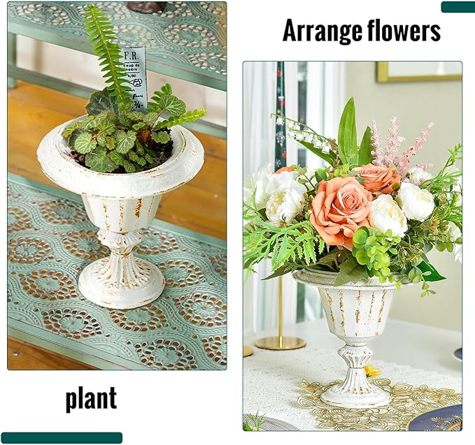 Sungmor Cast Iron Tabletop Flower Vase, Vintage Pretty French Urn Planter Design, 7" Tall 6.6" Wide Decorative Centerpieces Flower Stand Plants Holder, Artificial Flower Arrangements Home Decor