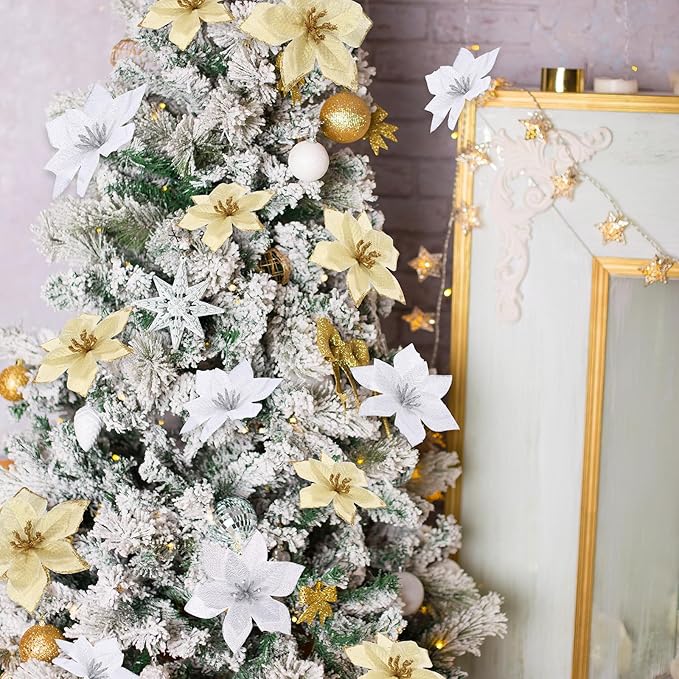 WILLBOND 24 Pcs 3 Size Poinsettia Flower Artificial Christmas Decor Glitter Poinsettia Christmas Ornaments Faux Flowers for Xmas Tree Outdoor(3.2/4/6 Inches,Gold and Silver)