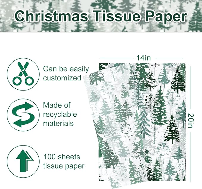 Whaline 100 Sheets Christmas Tree Tissue Paper Dark Green Folded Flat Woodland Tree Wrapping Paper Green Gift Wrapping Tissue Papers Rustic Art Crafts for Home DIY Gift Box Xmas Winter Decoration