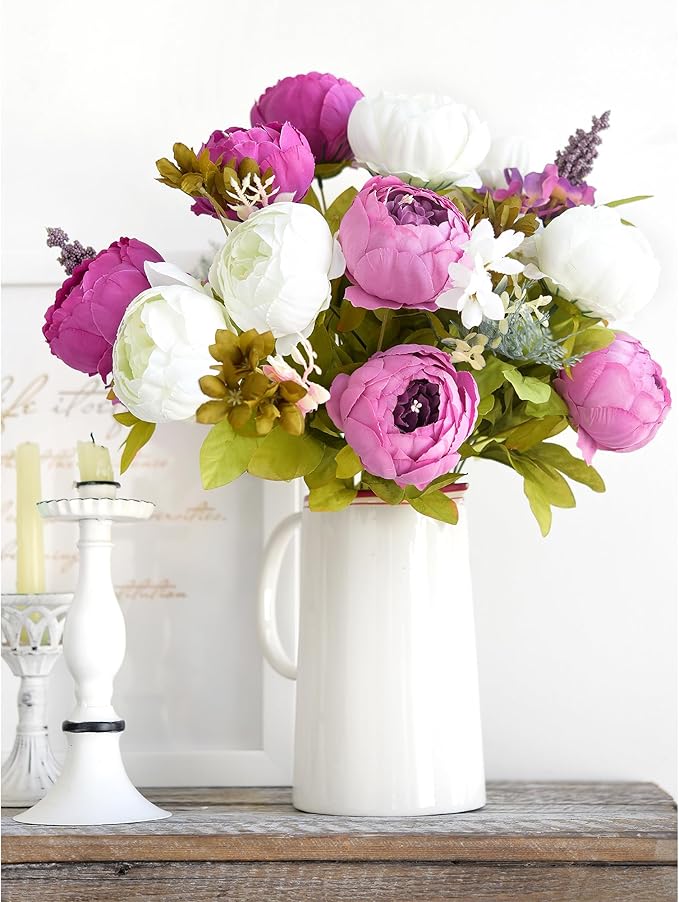 FiveSeasonStuff Vintage Artificial Peonies Silk Peony Flowers and Hydrangeas for Wedding Bridal Home Décor – Beautiful Floral Centerpiece Arrangement with 2 Bouquets (Bloom Purple and White Mix)