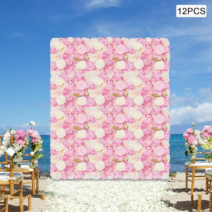 3D Flower Wall Panel 12Pcs Artificial Flower Wall Background Silk Rose Mat for Wedding Wedding Decor Shop Photo Backdrop (Flower Type D)